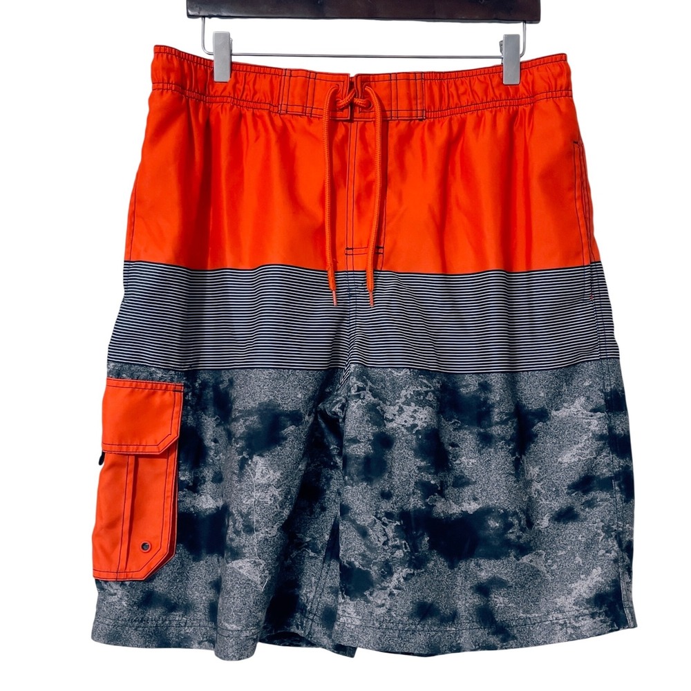 O'Rageous Mens Swim Trunks XL Orange Striped Cargo Board Shorts‎ Mesh Lined